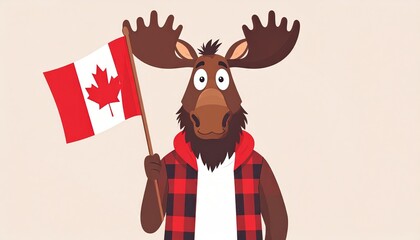 Cartoon moose is holding a canadian maple leaf flag isolated character