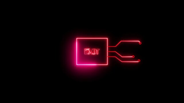 Exit- text neon bright magenta red color animation on black background.  Rectangle frame neon text letter animation.