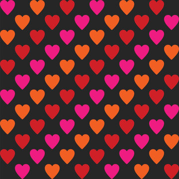 attern created from diagonal lines of neon pink, orange and red hearts on a black background