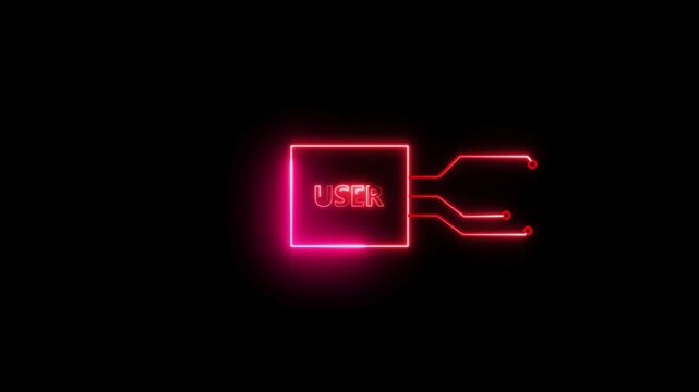 User- text neon bright magenta red color animation on black background.  Rectangle frame neon text letter animation.