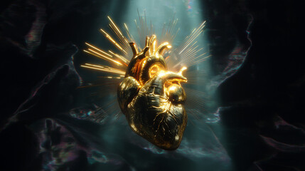 golden gothic heart with radiant light burst on dark silk background, luxury surreal concept of passion energy and life power, shiny metallic sculpture symbolizing emotions love strength and vitality