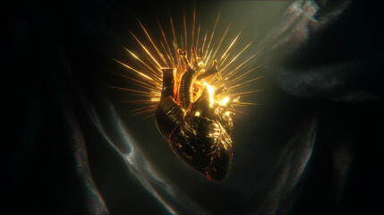 golden gothic heart with radiant light burst on dark silk background, luxury surreal concept of passion energy and life power, shiny metallic sculpture symbolizing emotions love strength and vitality