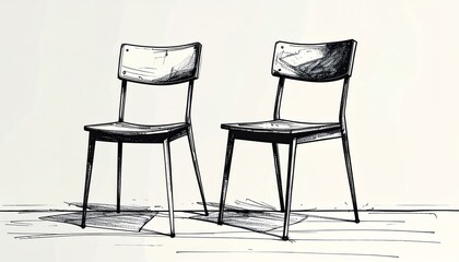 Fototapeta premium Hand-drawn minimalist illustration of two chairs side by side, one slightly misaligned, thin black lines on white, symbolic and quiet 