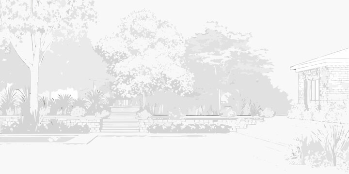 A monochrome landscape architectural rendering of a residential garden design