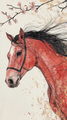 Close up of the red horse with a single, minimalist branch of blossoms. Lunar New Year concept. White background.