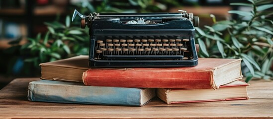 Vintage Black Typewriter Resting on Stack of Aged Books with Green Foliage Backdrop