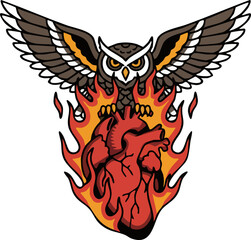 Obraz premium Fiery Owl Graphic Design Holding Burning Anatomical Heart