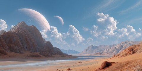 Alien Desert Landscape With Double Moons Over Rugged Mountains and Sandy Shoreline