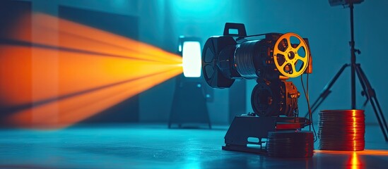 Vintage Film Projector Casting Vibrant Orange Light in a Dramatic Blue Studio, Evoking Cinematic Nostalgia.