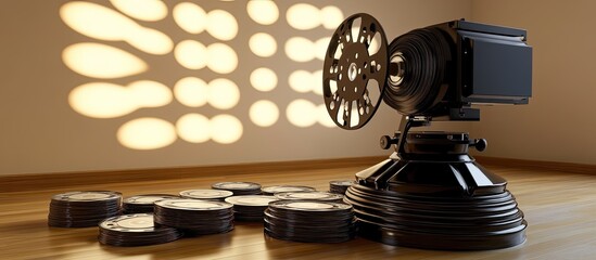Vintage Film Projector with Stacked Film Reels on Wooden Floor, Warm Light Patterns