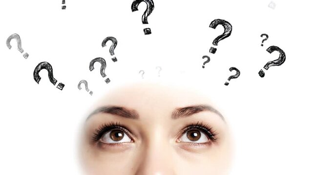 Close up of a young woman looking upward surrounded by numerous floating black and gray hand drawn question marks symbolizing deep thought and confusion