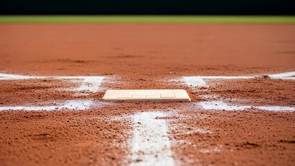 Close Up View of Baseball Base on Red Clay Infield with White Chalk Lines