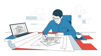 Young Architect Designing Building Plans at Modern Office Desk with Laptop