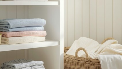 Serene Linens and Towels in Soft Pastel Hues on White Shelves with Wicker Basket Storage