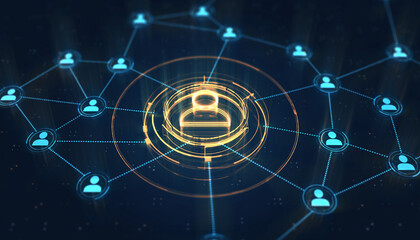 An intricate network of interconnected icons representing global connections and digital interactions. This visualization conveys ideas of communication and exchange