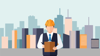 Construction Engineer or Architect with Clipboard Overseeing City Skyline Development