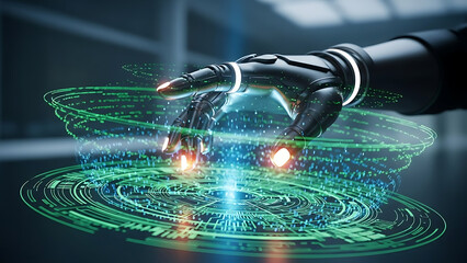 Robotic hand interacting with futuristic digital interface glowing green