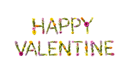 Happy Valentine Text Made of Flowers and Nature Elements