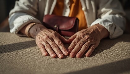 An elderly person's wrinkled hands rest on a textured surface with a brown leather pouch nearby
