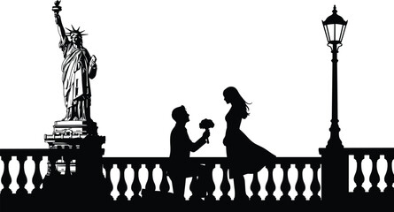Romantic proposal silhouette at Statue of Liberty with kneeling man and woman, New York landmark wedding scene, black white vector, engagement © Kaziul