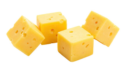 Yellow cheese cubes arranged on a white background showcasing their texture and color product shot isolated