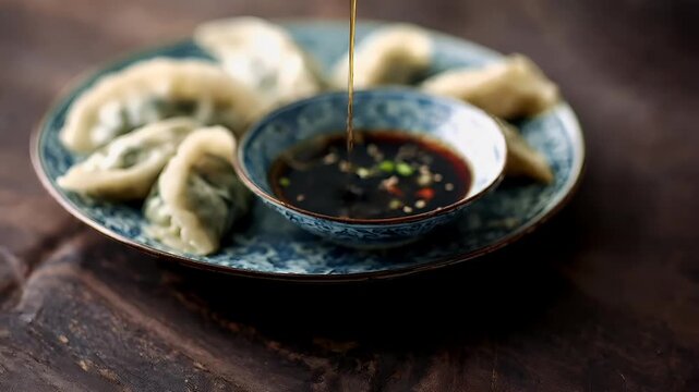 Chinese lunar new year holiday celebration. Spring festival tradition. Chunjie. Asia. A closeup shot of a plate of dumplings with chopsticks resting on a blue and white patterned plate.