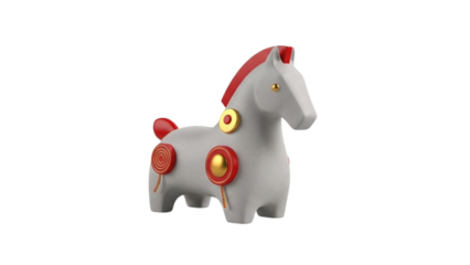 3D Rendered Stylized Grey Horse Figurine with Red and Gold Accents, a Charming Modern Interpretation of an Ancient Animal Symbol Ideal for Cultural Designs