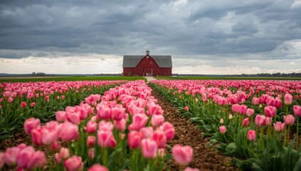 Vibrant Pink Tulip Field with Red Barn Under Dramatic Cloudy Sky Rural Landscape Photography