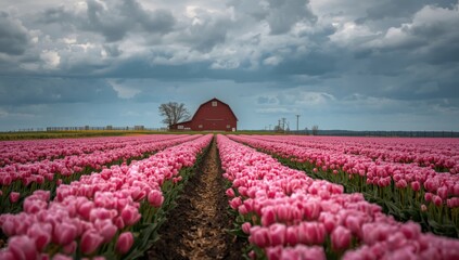 Colorful Vibrant Pink Tulip Field with Red Barn Under Dramatic Cloudy Sky Rural Landscape Photography