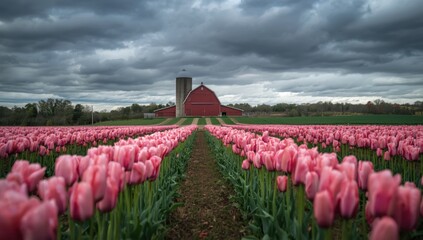 Serene Tul Pageant in Vibrant Pink Hues with Majestic Red Barnffering Dramatic Cloudy Skies ...