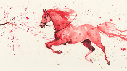 Beautiful red horse with a single, minimalist branch of blossoms. Lunar New Year concept.