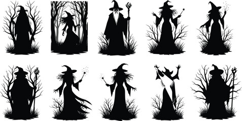 Set of ten spooky witch silhouettes with magic wands and staffs, halloween mystical forest figures, dark pagan goddess vector, gothic. © Kaziul