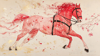 Beautiful red horse with a single, minimalist branch of blossoms. Lunar New Year concept.