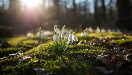Serene Snowdrops Blooming in Forest Clearing with Soft Natural Light and Vibrant Green Grass