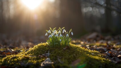 Ser Page Cluster of White Snowdrops on Mossy Page Hillock with Sunlight Filtering through Forest Background