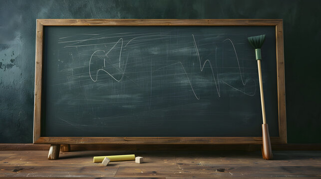 Blackboard with chalk and eraser on a wooden desk represents a traditional classroom setting, ready for learning. - Powered by Adobe