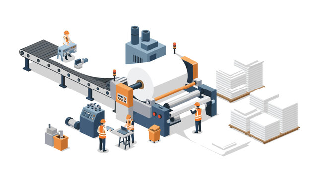 Isometric view of a paper manufacturing factory, depicting large machinery, conveyor belts, and workers producing paper sheets.