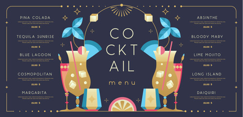 Retro holiday restaurant cocktail menu design on black background. Flat design. Vector illustration