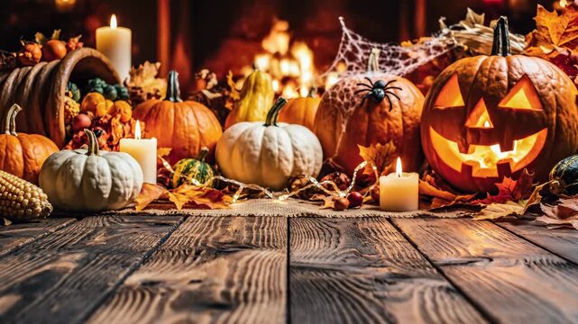 Cozy Halloween Pumpkin Arrangement by Fireplace - A festive Halloween scene featuring carved pumpkins and assorted gourds arranged on a wooden surface.