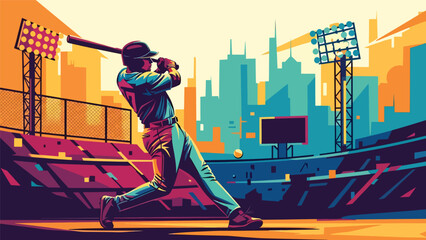 Baseball home run urban mural vector illustration with bold flat colors and graffiti city background, dynamic sports artwork designed for advertising, branding, and sports promotions