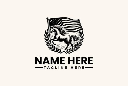 A black and white vector illustration of a horse with an American flag surrounded by laurel leaves and a placeholder text for a logo or icon on a plain background.