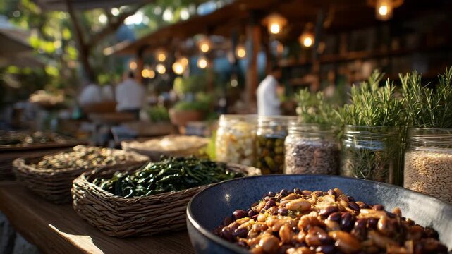 223Close-up of assorted vegetables in baskets and fresh herbs in jars, grains in clear containers, sunlight reflecting off glass and produce, lively and eco-friendly market scene