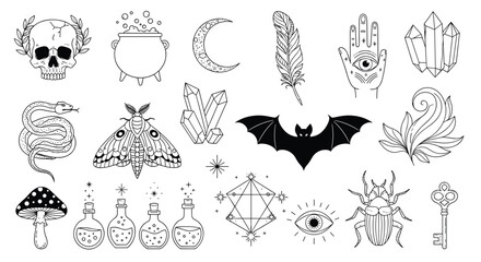 Naklejka premium Mystical and magical witchcraft elements set with skull, potion, crystals, and a black bat for esoteric line art design.