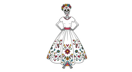 Fototapeta premium Female skeleton character La Catrina in a traditional floral dress celebrating the Mexican Day of the Dead holiday.