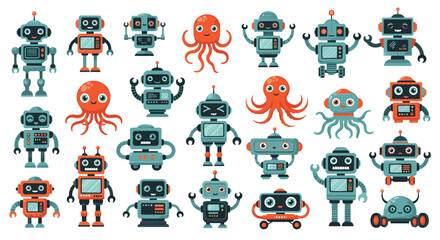 Fototapeta premium Large collection of cute cartoon robots and octopuses with different emotions and designs for kids' technology themes.