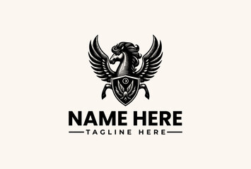 A black logo featuring a winged horse head on a shield with placeholder text on a beige background, with a flat design style.