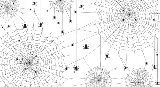 A spooky seamless Halloween background pattern with a dense network of black spiderwebs and spiders on a clean white background.