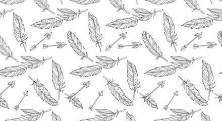 Fototapeta premium A seamless pattern of hand-drawn boho style feathers and arrows, created in a black and white tribal or ethnic sketch design.