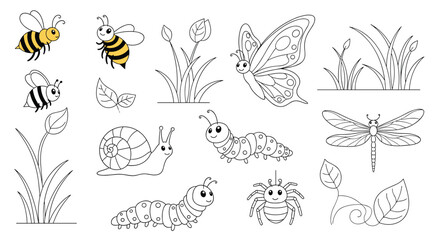 Set of cute cartoon insects and plants for kids, including tracing outlines for coloring pages and educational activities.