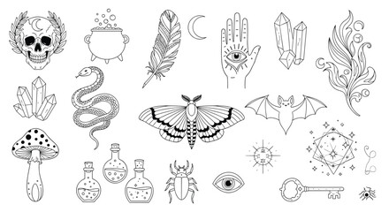Naklejka premium Collection of hand-drawn mystical and witchcraft symbols in a black and white line art style for esoteric designs.